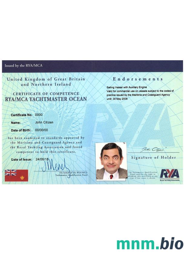 United Kingdom RYA Yachtmaster Certificates of Competence PSD sample